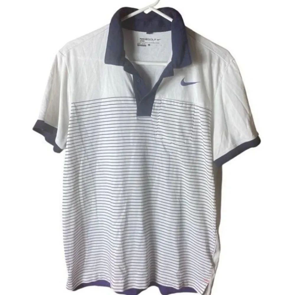 Nike Golf Sport Dri Fit Blue Striped Pocket Golf Athletic Polo Size Large